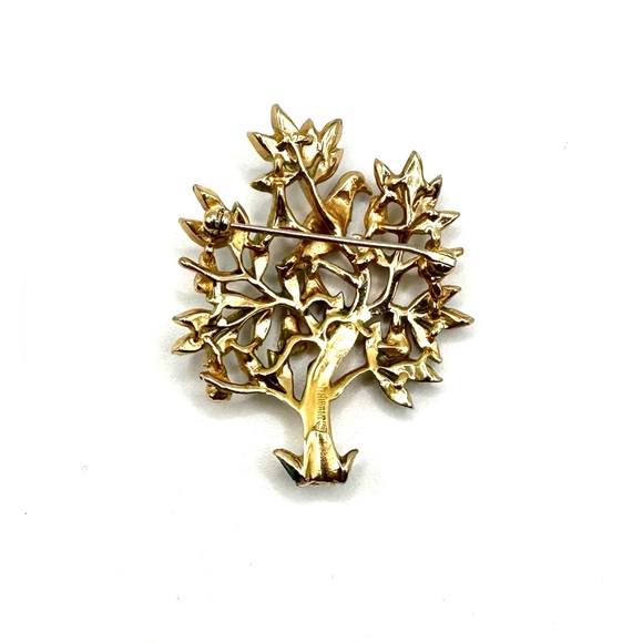 RARE 1960s Trifari Signed Tree of Life Brooch-Enamel Pear Tree Bird-Original Box - Picture 11 of 14
